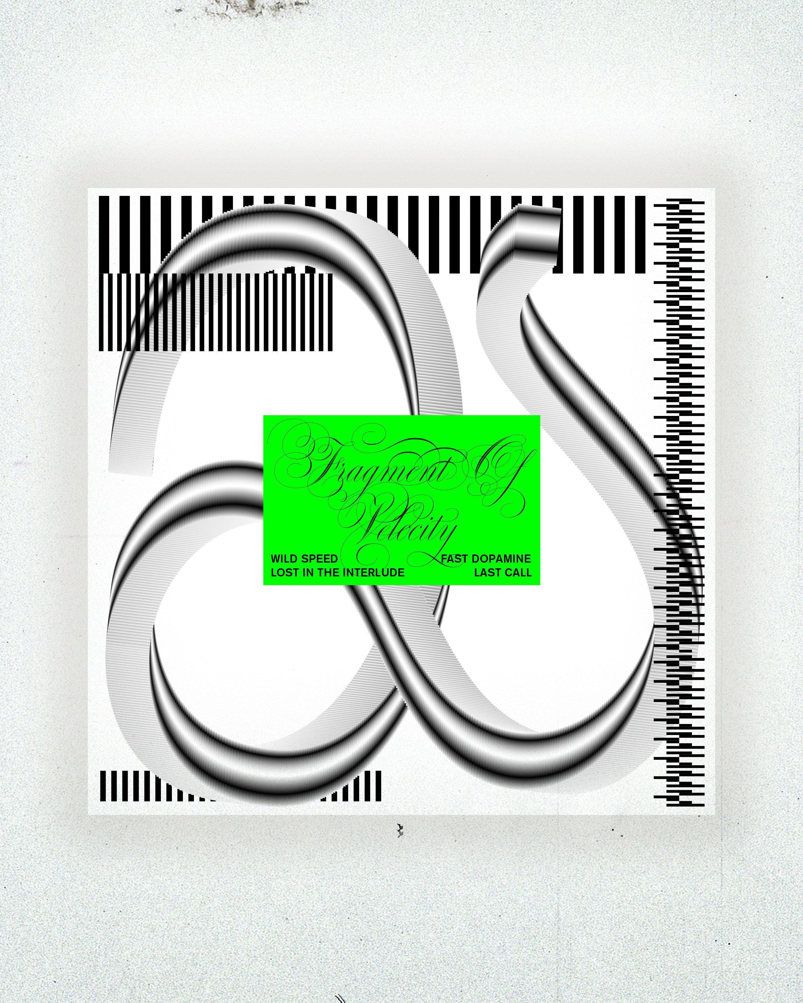 Pochette de Fragment of Velocity, visuel blanc et noir avec détails vert fluo